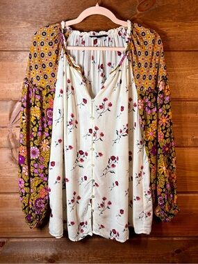 Jane & Delancey Boho Mixed Floral Button Front Peasant Blouse Balloon Sleeves L